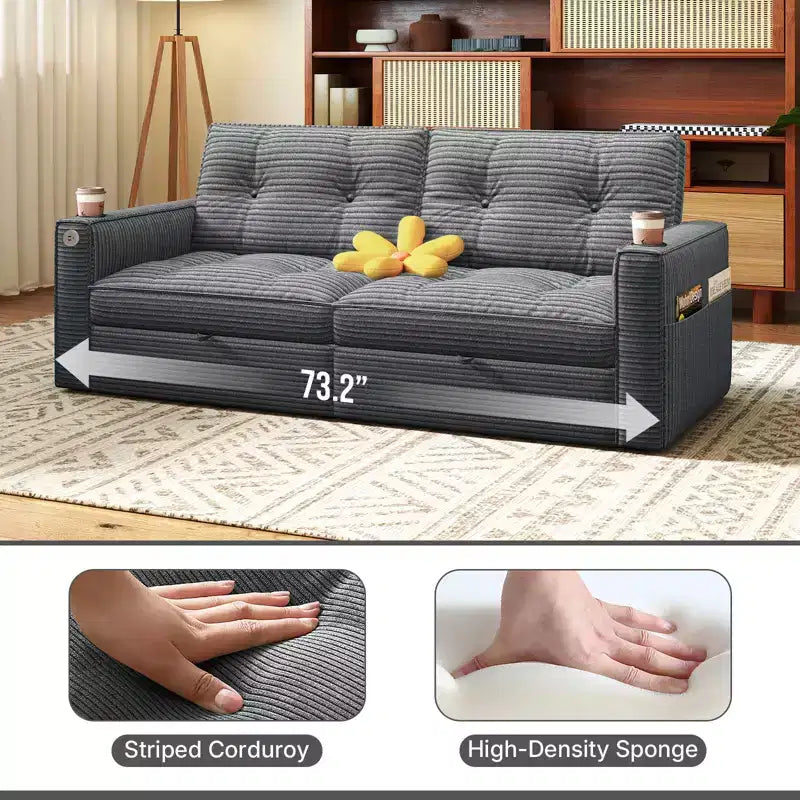 MooxvMoo 73 Canapé-lit convertible Queen Size avec couchage escamotable, poches et USB, petit canapé moderne 2 places pour salon, gris