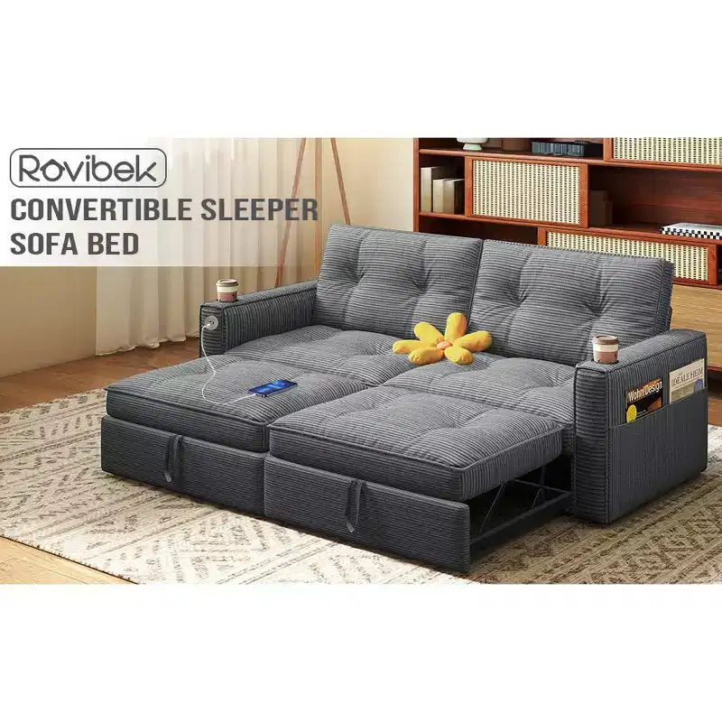 MooxvMoo 73 Canapé-lit convertible Queen Size avec couchage escamotable, poches et USB, petit canapé moderne 2 places pour salon, gris