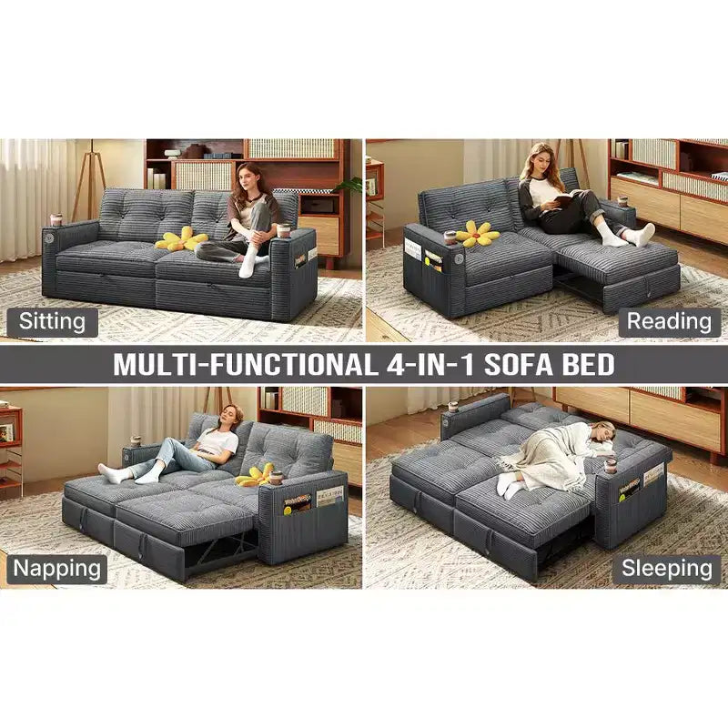 MooxvMoo 73 Canapé-lit convertible Queen Size avec couchage escamotable, poches et USB, petit canapé moderne 2 places pour salon, gris