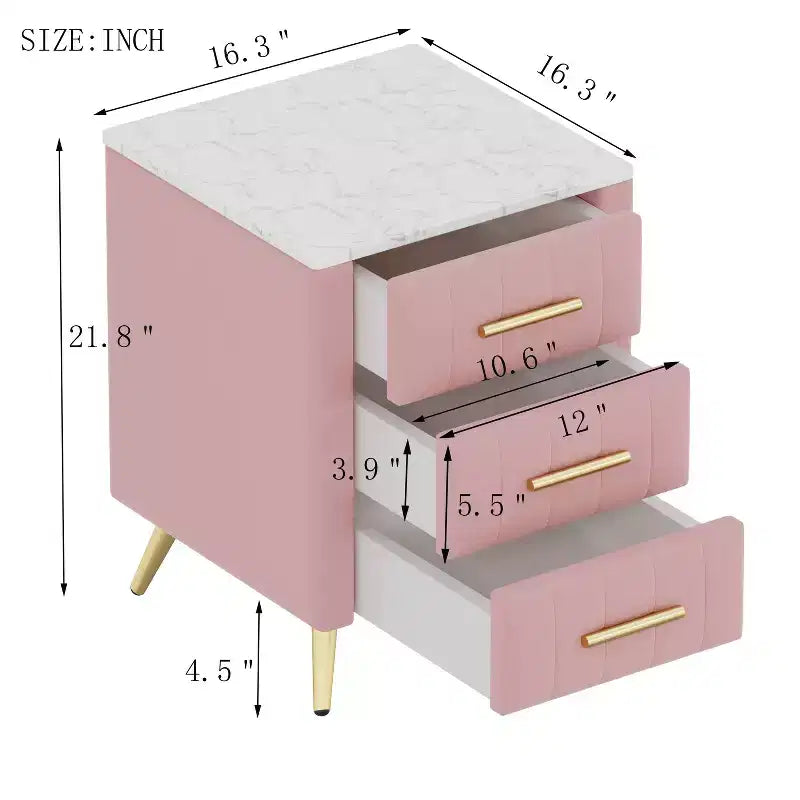 Table de chevet MAYEERTY capitonnée en bois avec 3 tiroirs et pieds et poignées en métal pour chambre, rose