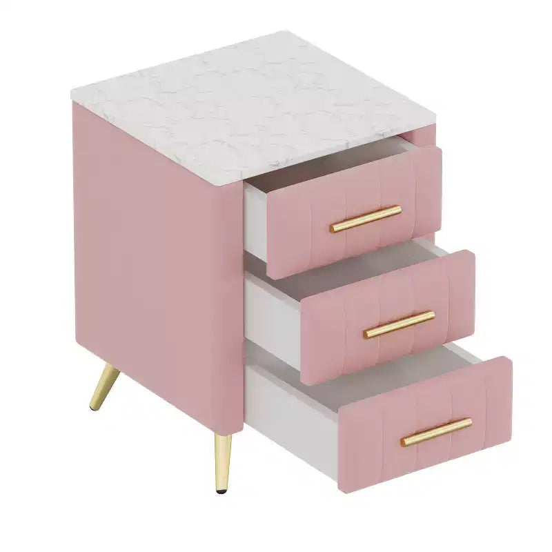 Table de chevet MAYEERTY capitonnée en bois avec 3 tiroirs et pieds et poignées en métal pour chambre, rose
