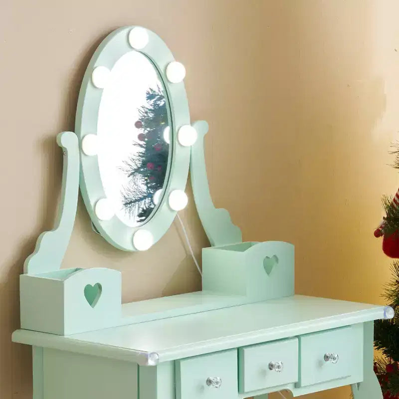 Coiffeuse Enfant avec Miroir, 5 Tiroirs de Rangement, Table de Maquillage Princesse et Tabouret pour Filles de 3 Ans et Plus, Vert Macaron