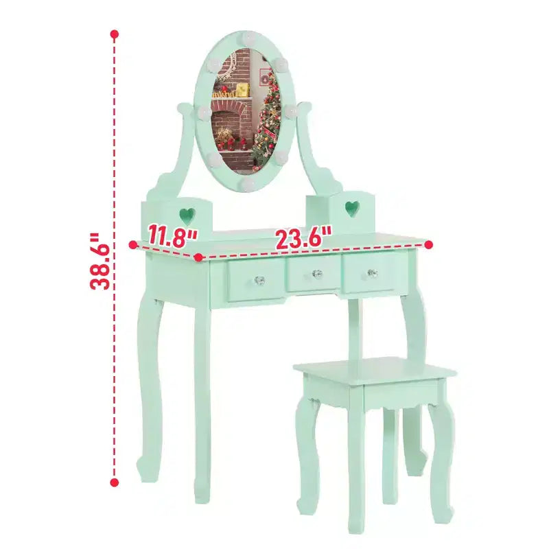 Coiffeuse Enfant avec Miroir, 5 Tiroirs de Rangement, Table de Maquillage Princesse et Tabouret pour Filles de 3 Ans et Plus, Vert Macaron