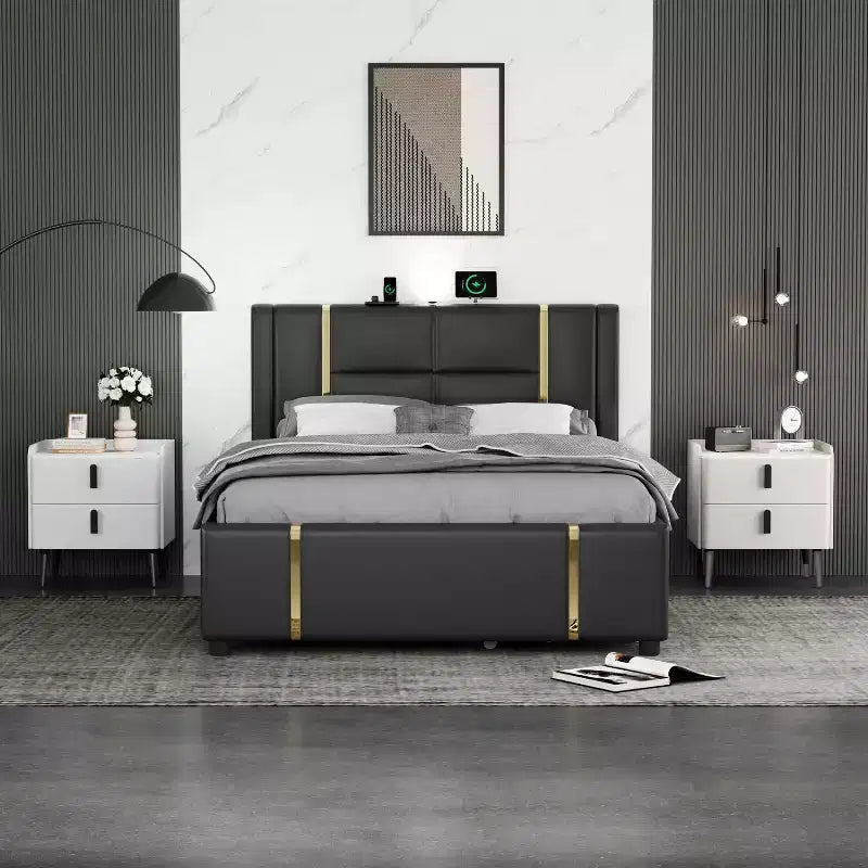 Table de chevet MAYEERTY avec 2 tiroirs, plateau motif marbre, pour chambre à coucher, blanc