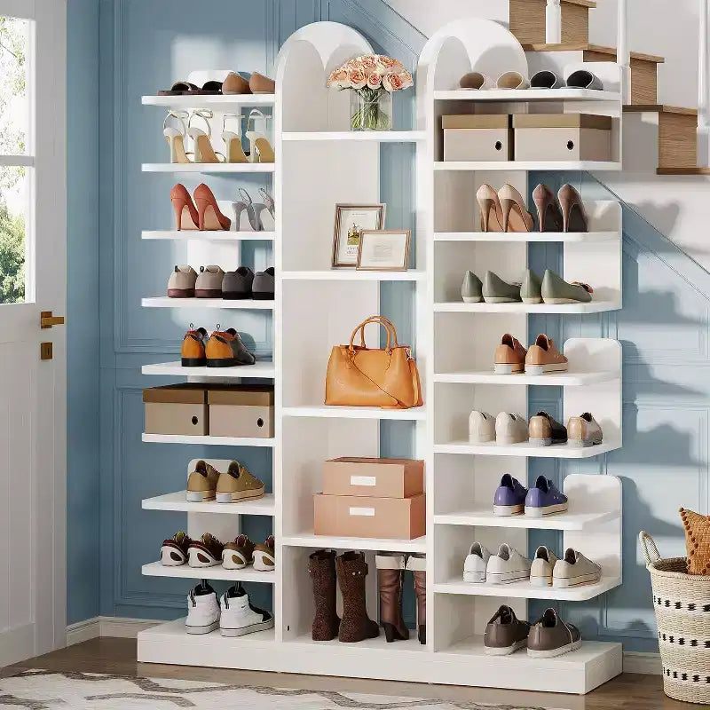 Étagère à chaussures Lantine 13 niveaux blanche, organiseur d'entrée haut autoportant avec étagères ouvertes pour 40 paires, meuble de rangement en bois pour le salon