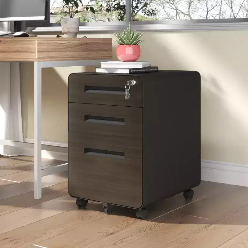 Classeur mobile à 3 tiroirs VIYET 23, en acier laminé à froid noir, verrouillable sous le bureau (5 roues anti-basculement pour dossiers A4/Legal/Letter)