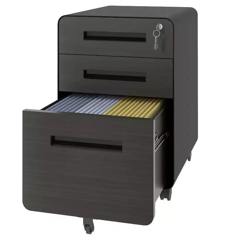 Classeur mobile à 3 tiroirs VIYET 23, en acier laminé à froid noir, verrouillable sous le bureau (5 roues anti-basculement pour dossiers A4/Legal/Letter)