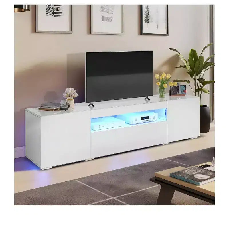 Meuble TV pour Téléviseur de 75 Pouces, Meuble TV LED Moderne pour Salon, Meuble de Divertissement avec Rangement, Console Média Laquée Brillante