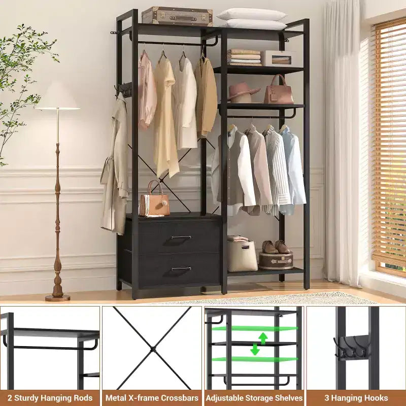 Besiost Porte-vêtements avec tiroirs en tissu, système d'organisation de placard avec tringles de suspension