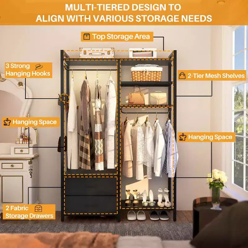 Besiost Porte-vêtements avec tiroirs en tissu, système d'organisation de placard avec tringles de suspension