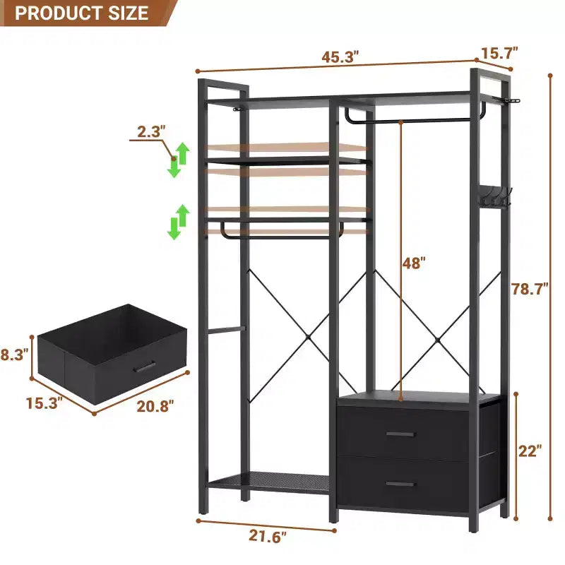 Besiost Porte-vêtements avec tiroirs en tissu, système d'organisation de placard avec tringles de suspension