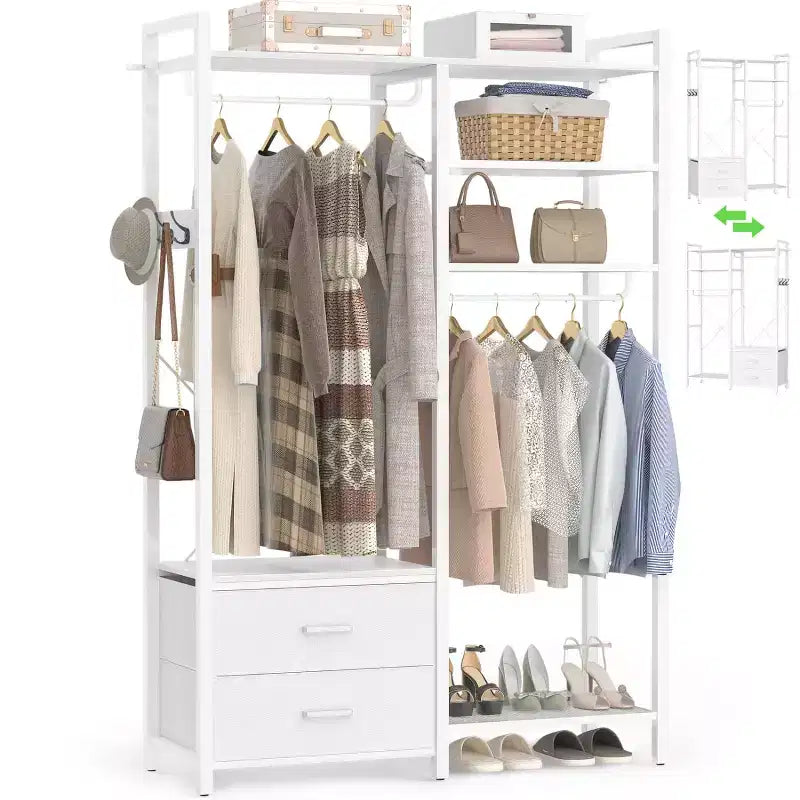 Besiost Porte-vêtements avec tiroirs en tissu, système d'organisation de placard avec tringles de suspension