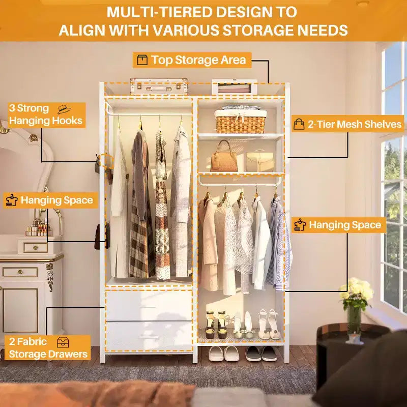 Besiost Porte-vêtements avec tiroirs en tissu, système d'organisation de placard avec tringles de suspension