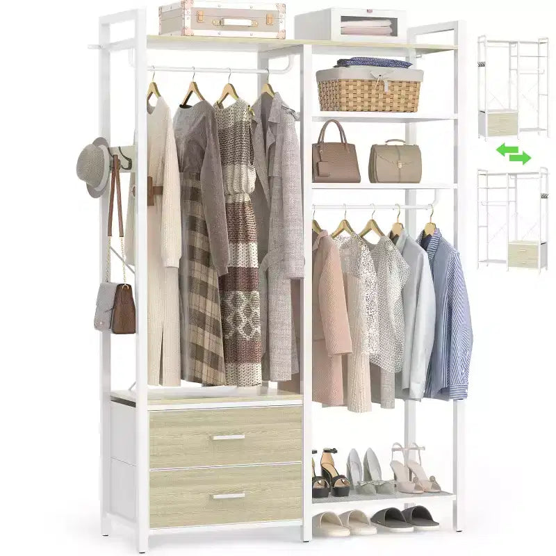 Besiost Porte-vêtements avec tiroirs en tissu, système d'organisation de placard avec tringles de suspension