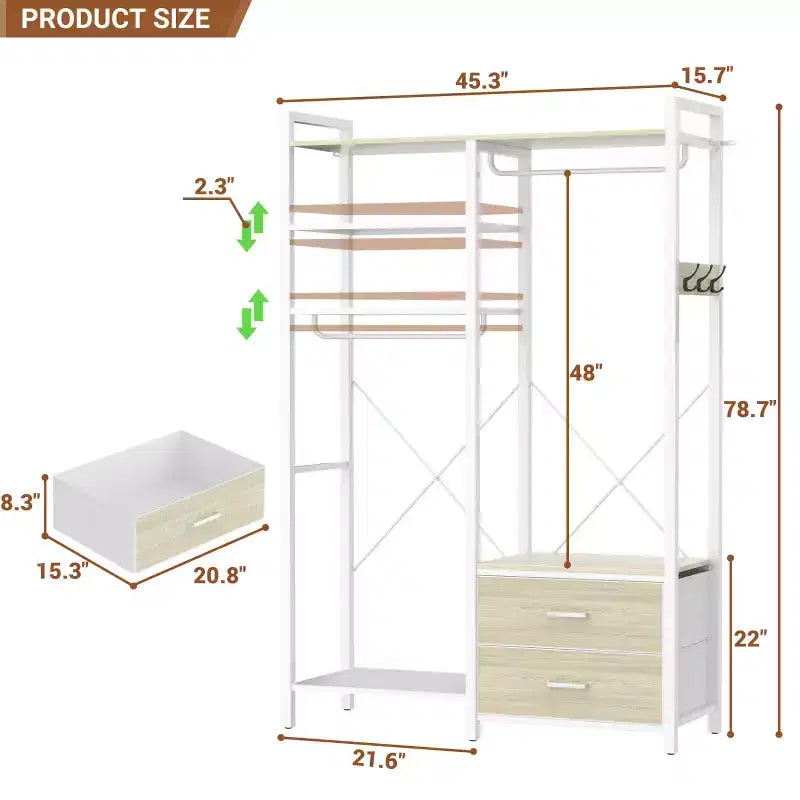 Besiost Porte-vêtements avec tiroirs en tissu, système d'organisation de placard avec tringles de suspension