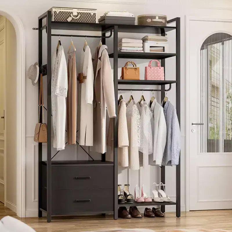 Besiost Porte-vêtements avec tiroirs en tissu, système d'organisation de placard avec tringles de suspension
