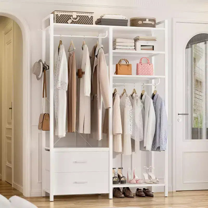 Besiost Porte-vêtements avec tiroirs en tissu, système d'organisation de placard avec tringles de suspension