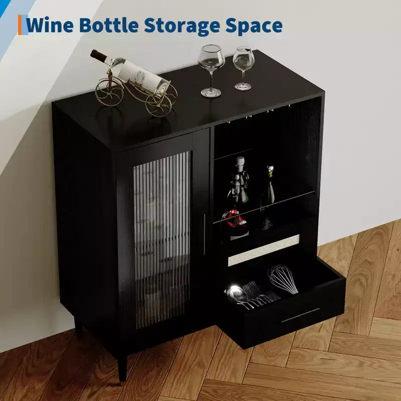 Meuble Bar à Vin Moderne avec Vitrine, Rangement pour Verres à Vin, Tiroirs, Grand Espace de Rangement, Buffet pour Maison, Cuisine, Salle à Manger, Salon