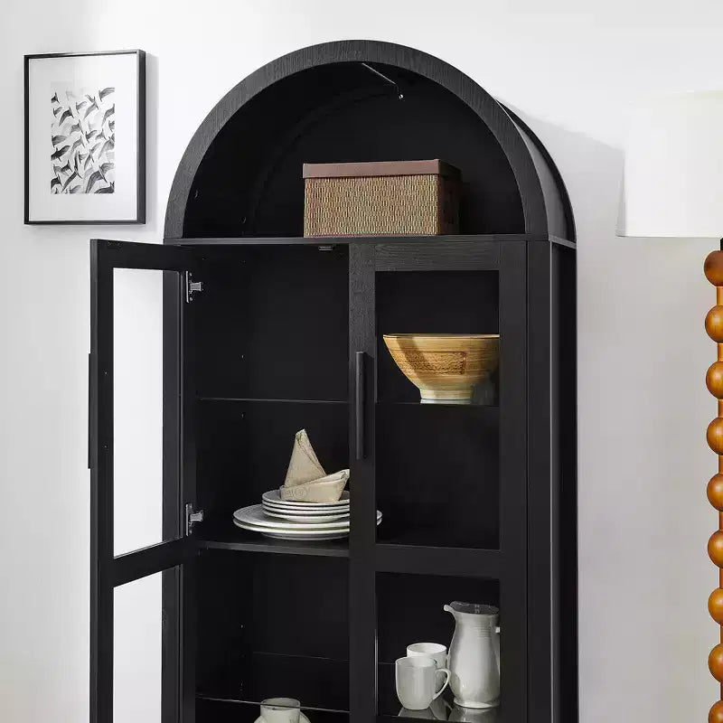 Meuble de rangement arqué VIYET 67 - Lampe LED, MDF noir, séparateurs en verre réglables