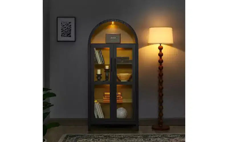 Meuble de rangement arqué VIYET 67 - Lampe LED, MDF noir, séparateurs en verre réglables