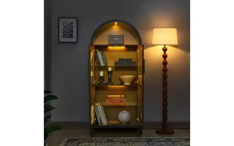 Meuble de rangement arqué VIYET 67 - Lampe LED, MDF noir, séparateurs en verre réglables