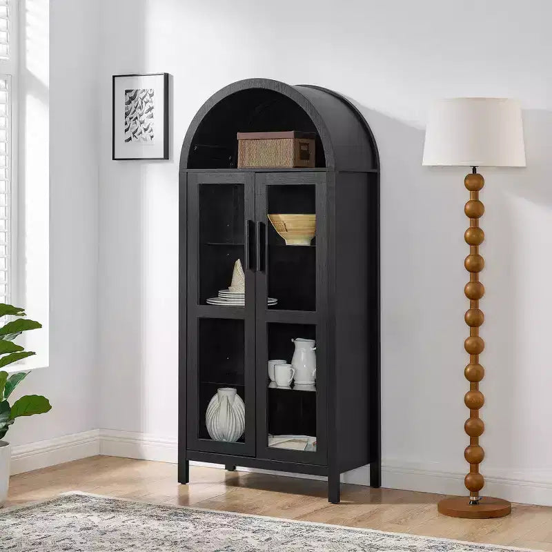 Meuble de rangement arqué VIYET 67 - Lampe LED, MDF noir, séparateurs en verre réglables