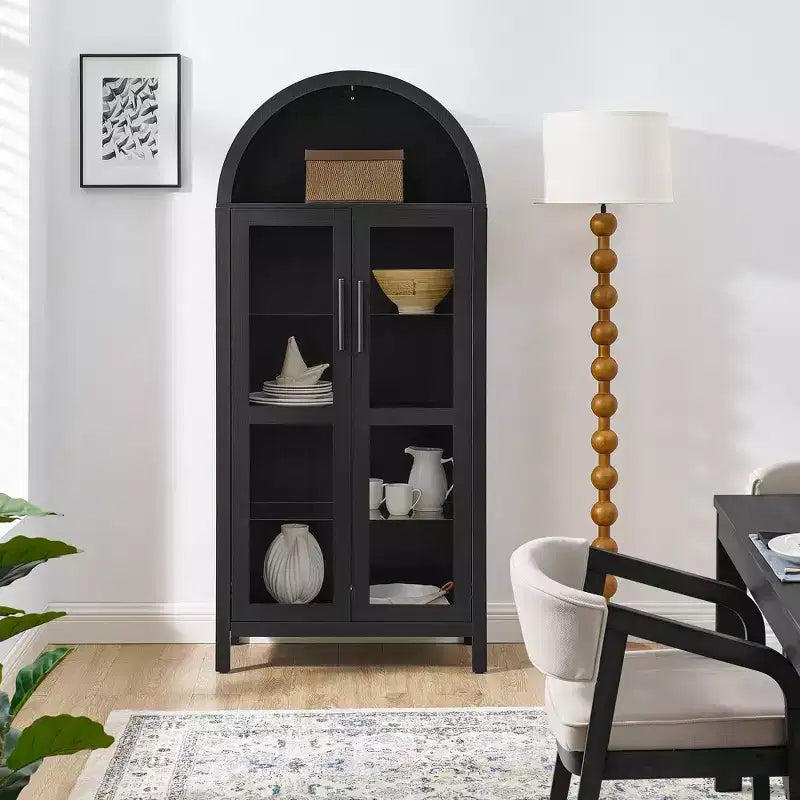 Meuble de rangement arqué VIYET 67 - Lampe LED, MDF noir, séparateurs en verre réglables