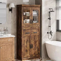 66.9 Large Bathroom Cabinet with 4 Doors, Freestanding Storage Cabinet with Glass Doors, Adjustable Shelves & Drawers for Kitchen Pantry Living Room