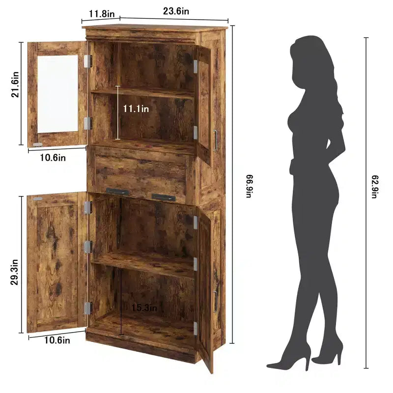 Grand meuble de salle de bain de 170 cm avec 4 portes, armoire de rangement autoportante avec portes vitrées, étagères réglables et tiroirs pour cuisine, cellier, salon