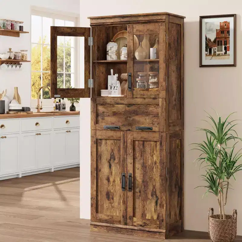 Grand meuble de salle de bain de 170 cm avec 4 portes, armoire de rangement autoportante avec portes vitrées, étagères réglables et tiroirs pour cuisine, cellier, salon