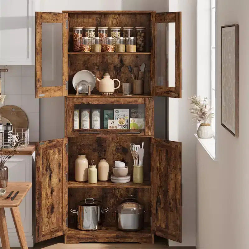 Grand meuble de salle de bain de 170 cm avec 4 portes, armoire de rangement autoportante avec portes vitrées, étagères réglables et tiroirs pour cuisine, cellier, salon