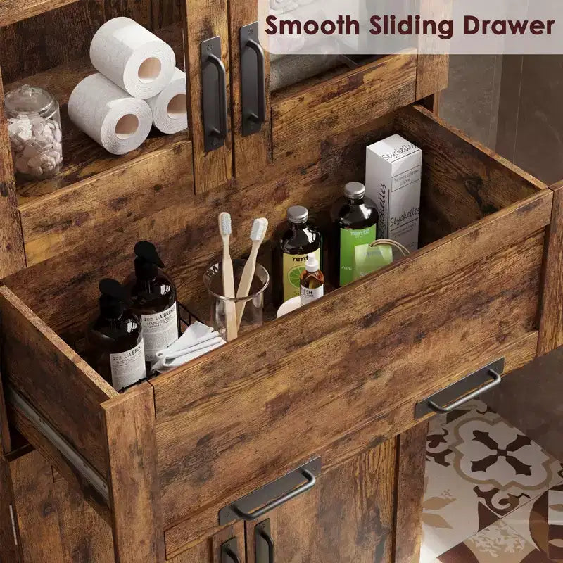 Grand meuble de salle de bain de 170 cm avec 4 portes, armoire de rangement autoportante avec portes vitrées, étagères réglables et tiroirs pour cuisine, cellier, salon
