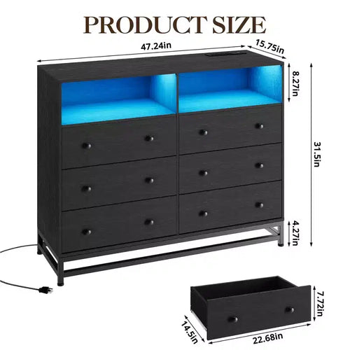 Commode à 6 tiroirs avec station de charge et lumières LED, meuble TV long en bois pour chambre à coucher, salon ou entrée
