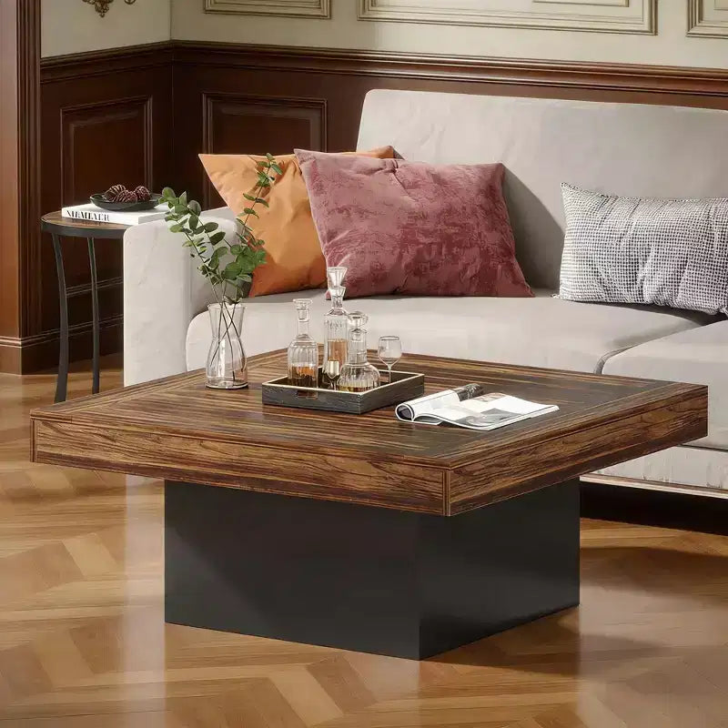 Table basse carrée, table basse de salon rustique en bois avec éclairage LED