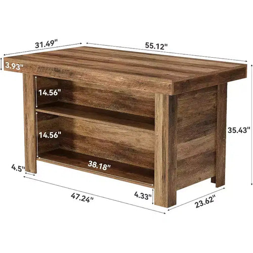 Îlot de cuisine de 140 cm avec rangement, table îlot fixe en bois à 3 niveaux, table de bar moderne avec étagère de rangement pour cuisine, marron rustique