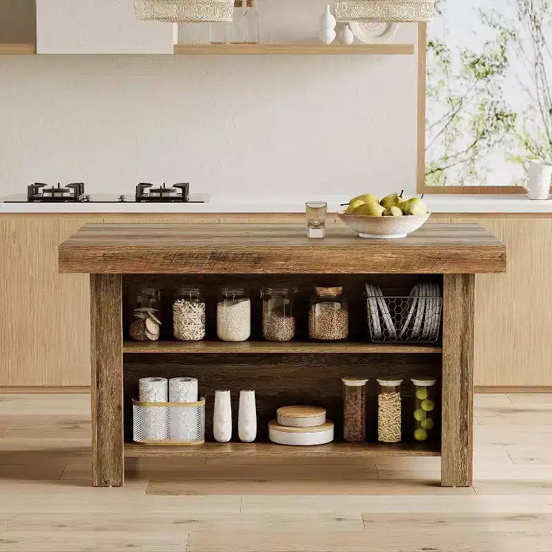 Lantine Table Îlot de Cuisine 140 cm avec Rangement, Table Îlot Fixe en Bois à 3 Niveaux, Table de Bar Moderne avec Étagère de Rangement pour Cuisine, Marron Rustique