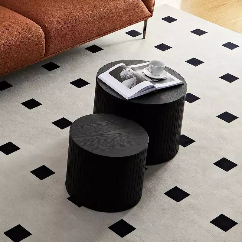 VIYET 19/15 VIYET Lot de 2 tables basses gigognes rondes, table d'appoint en MDF noir avec placage bois, table basse gain de place sans assemblage pour salon