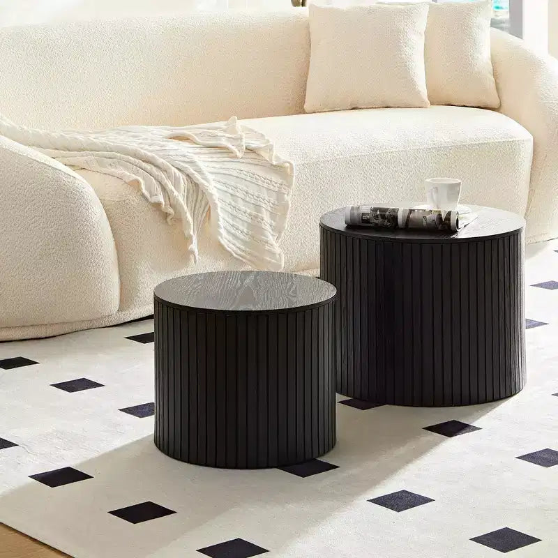 VIYET 19/15 VIYET Lot de 2 tables basses gigognes rondes, table d'appoint en MDF noir avec placage bois, table basse gain de place sans assemblage pour salon