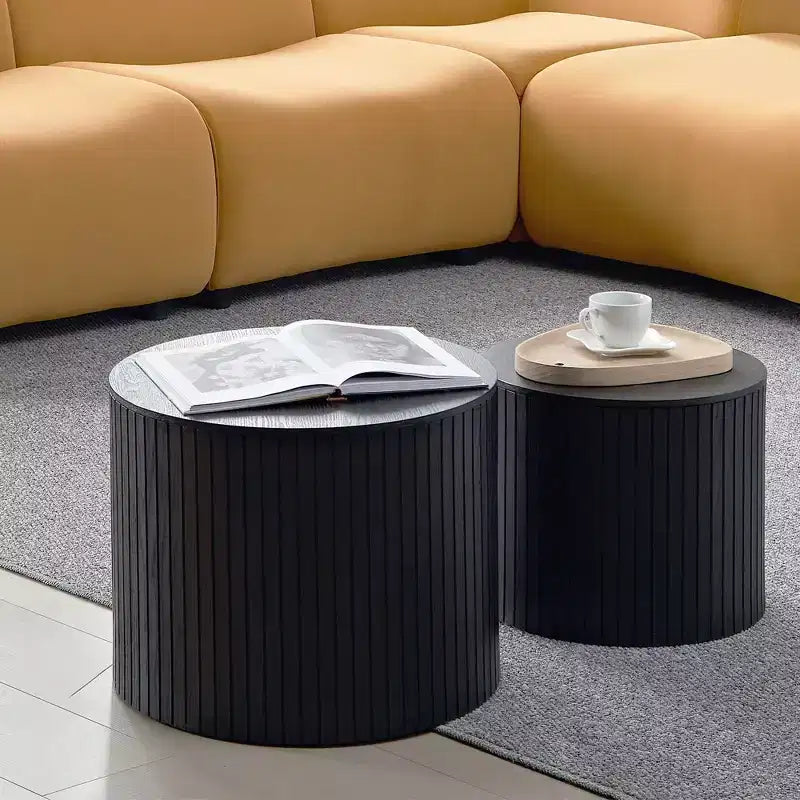 VIYET 19/15 VIYET Lot de 2 tables basses gigognes rondes, table d'appoint en MDF noir avec placage bois, table basse gain de place sans assemblage pour salon