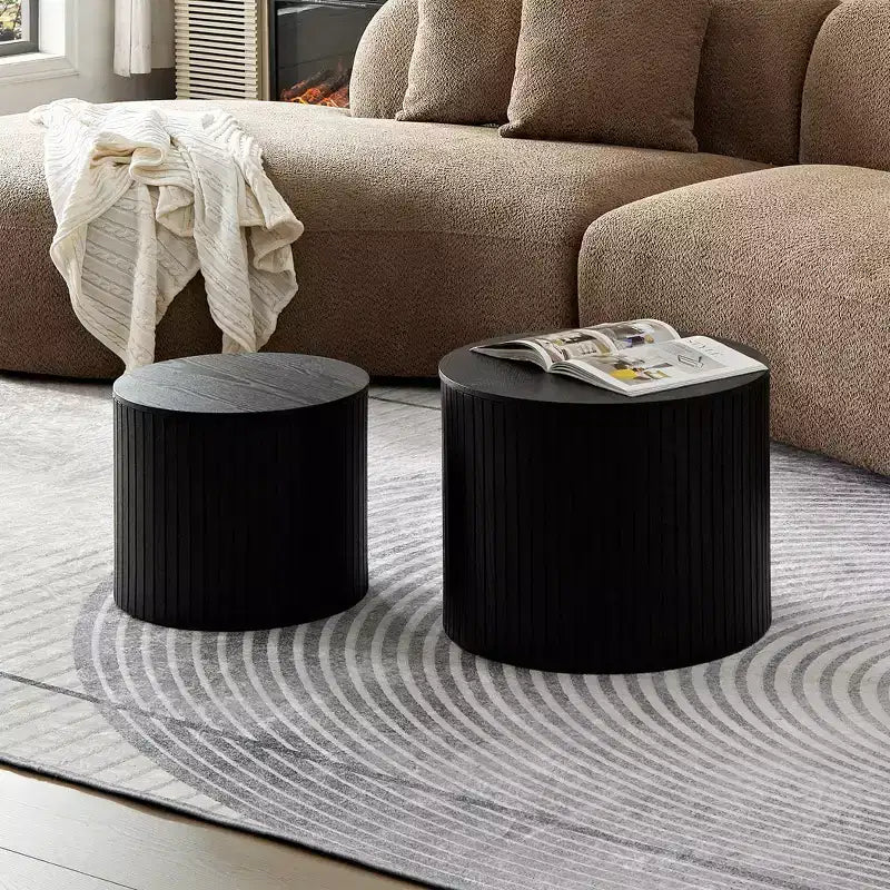 VIYET 19/15 VIYET Lot de 2 tables basses gigognes rondes, table d'appoint en MDF noir avec placage bois, table basse gain de place sans assemblage pour salon