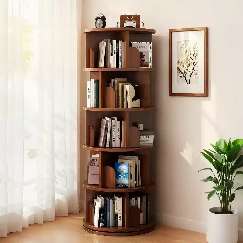 Bibliothèque moderne pivotante à 360°, bibliothèque d'angle naturelle à 5 niveaux pour petits espaces, étagère ronde pour salon - Panipeachy