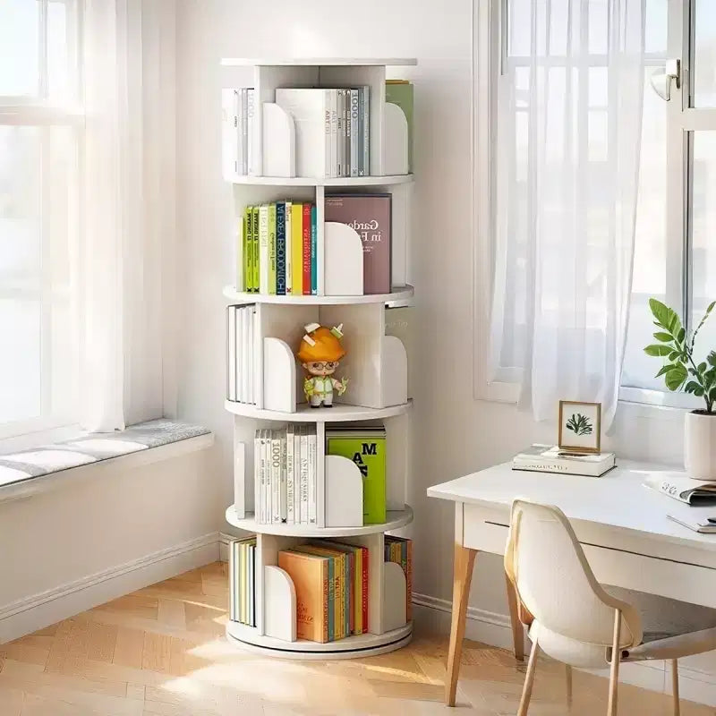 Bibliothèque moderne pivotante à 360°, bibliothèque d'angle naturelle à 5 niveaux pour petits espaces, étagère ronde pour salon - Panipeachy