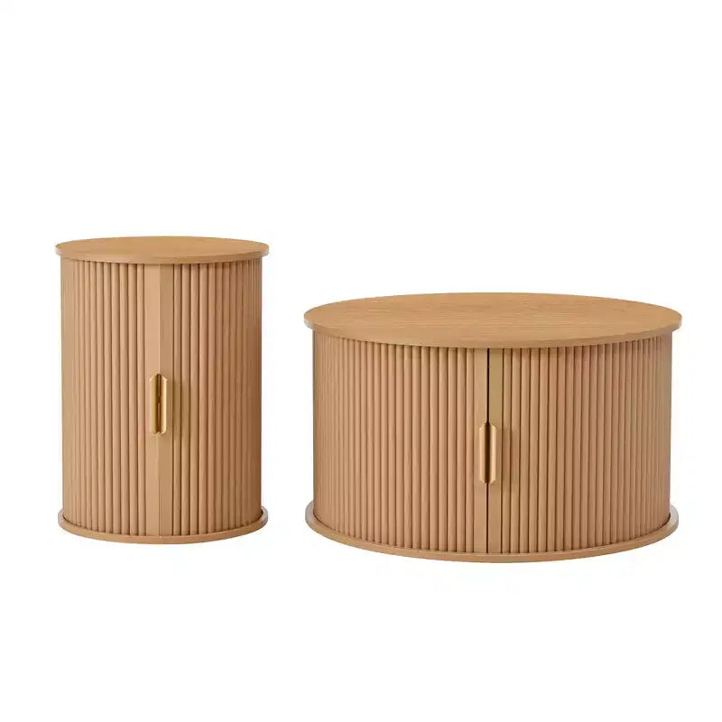 Clihome Table Basse Ronde Mid-Century avec Porte Tambour Coulissante Lot de 2