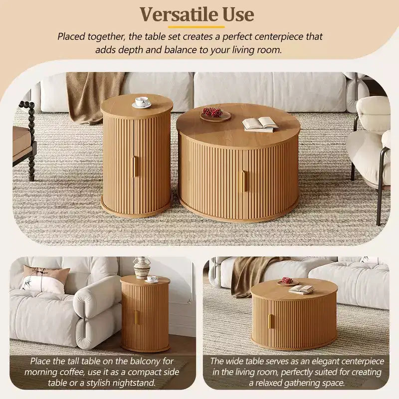 Clihome Table Basse Ronde Mid-Century avec Porte Tambour Coulissante Lot de 2