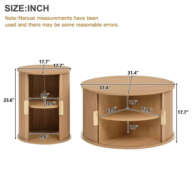 Clihome Table Basse Ronde Mid-Century avec Porte Tambour Coulissante Lot de 2