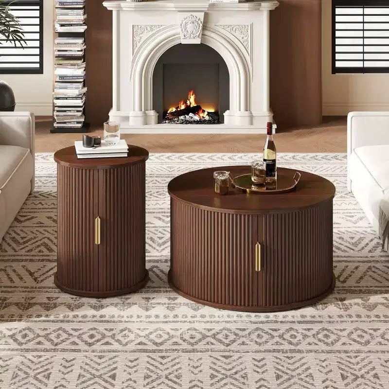 Clihome Table Basse Ronde Mid-Century avec Porte Tambour Coulissante Lot de 2