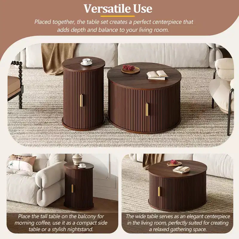 Clihome Table Basse Ronde Mid-Century avec Porte Tambour Coulissante Lot de 2