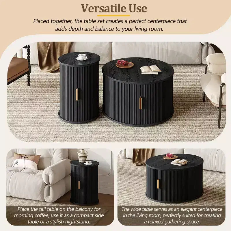 Clihome Table Basse Ronde Mid-Century avec Porte Tambour Coulissante Lot de 2