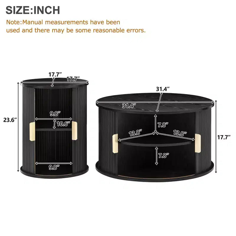 Clihome Table Basse Ronde Mid-Century avec Porte Tambour Coulissante Lot de 2