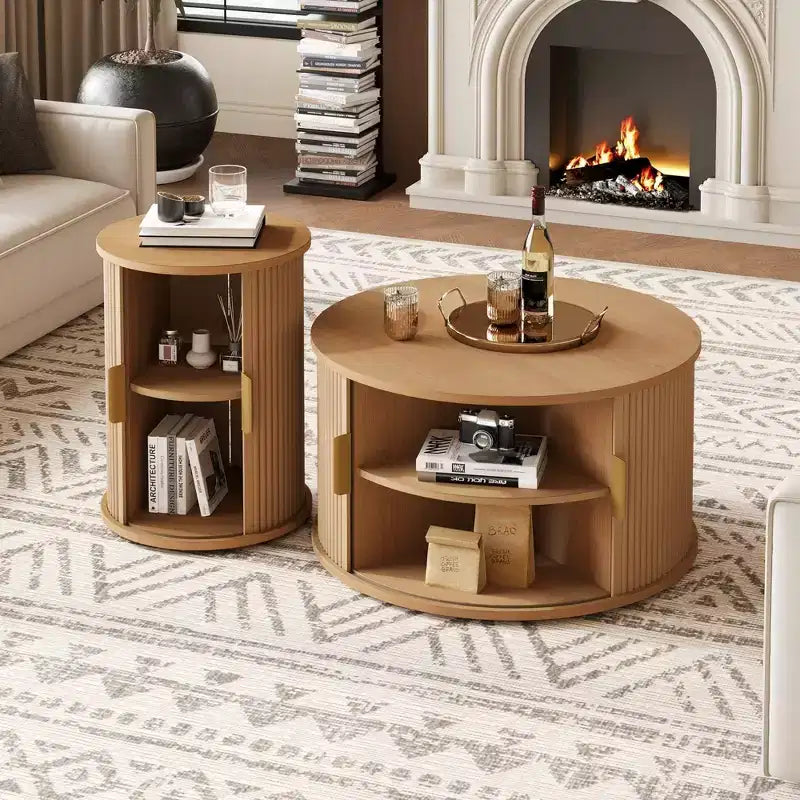Table basse ronde Clihome Mid-Century avec porte coulissante à tambour